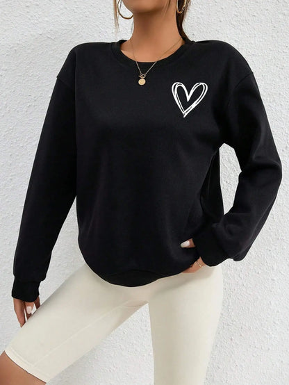 Sweatshirt Femme à Motif Cœur Simple – Sweatshirt Confortable à Col Rond, Fleece Chaud et Ample, Vêtements de Sport Décontractés